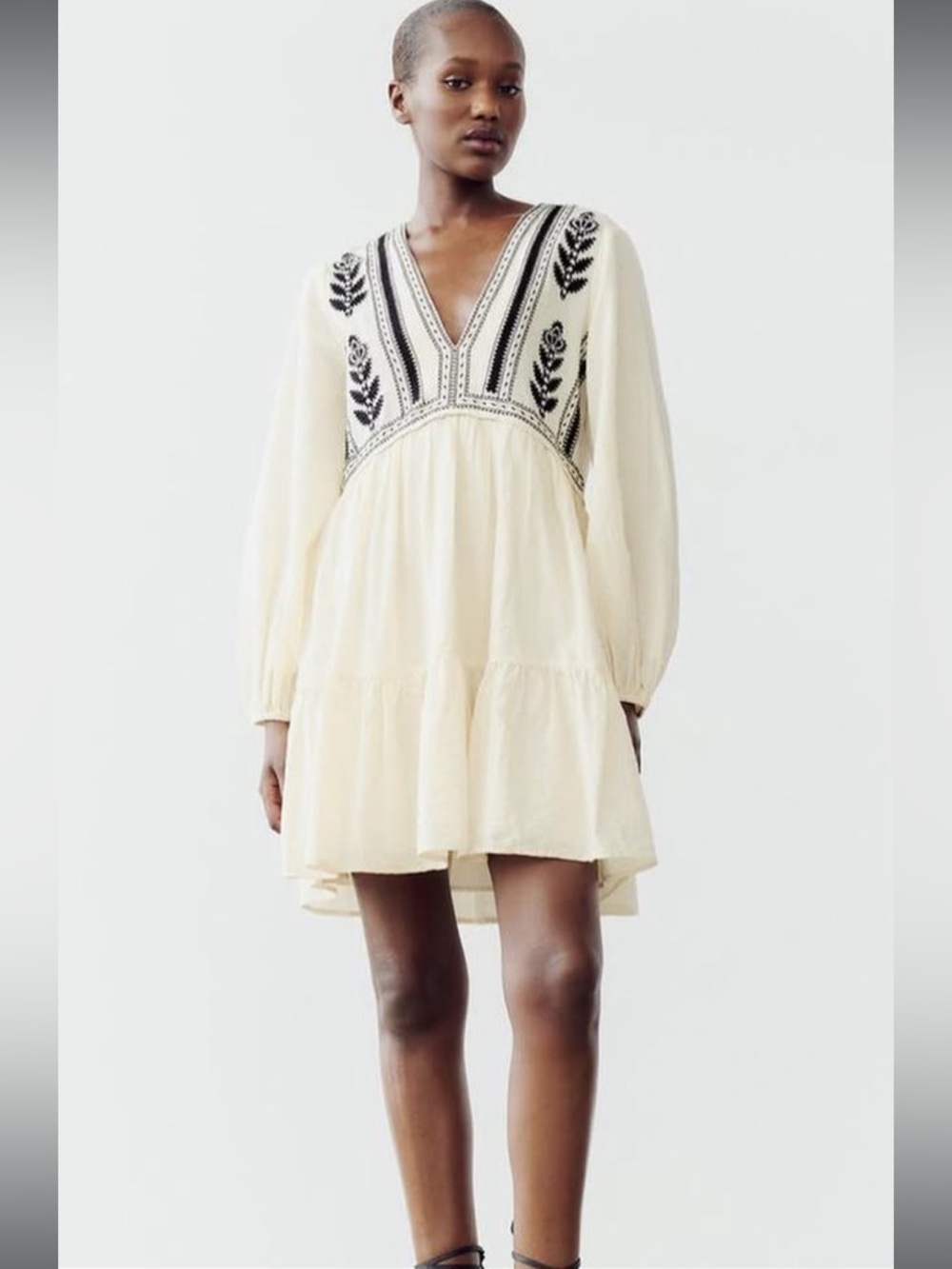 Zara Embroidered V-Neck Cream Mini Dress
